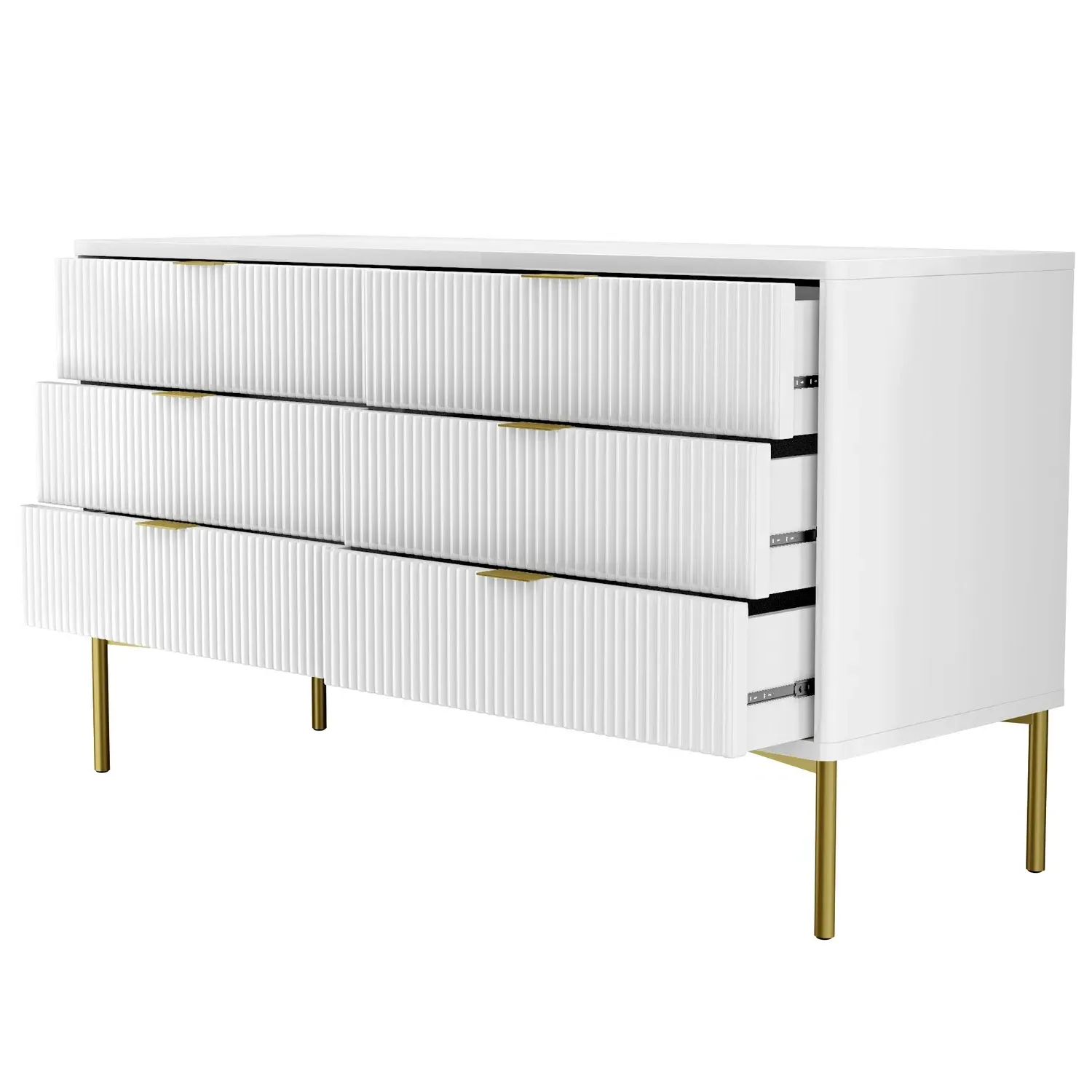 Wide 6-Drawer Chest with Gold Legs - White, High Gloss
