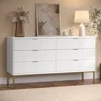 Wide 6-Drawer Chest with Gold Legs - White, High Gloss