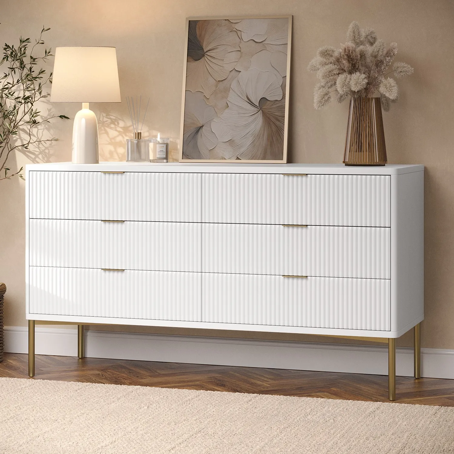 Wide 6-Drawer Chest with Gold Legs - White, High Gloss