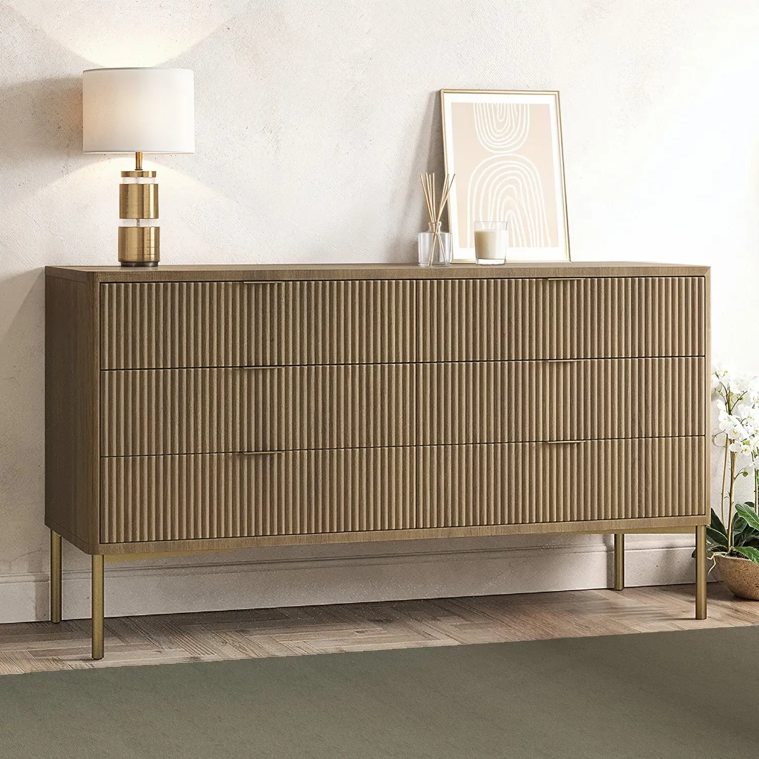 Wide 6-Drawer Chest with Gold Legs - Wood, MDF image