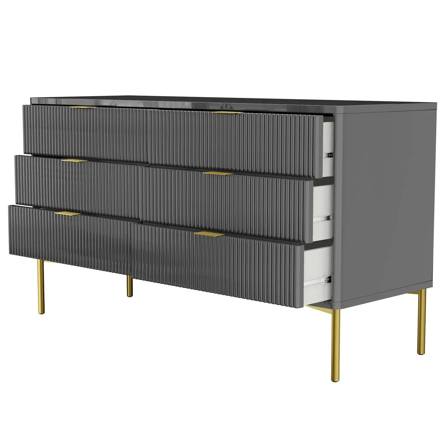 Wide Chest 6 Drawers with Gold Legs - Grey, MDF