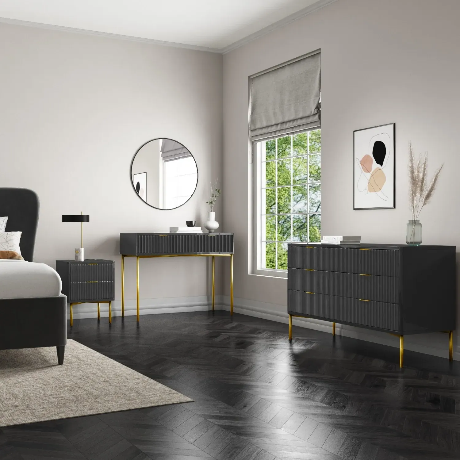 Wide Chest 6 Drawers with Gold Legs - Grey, MDF