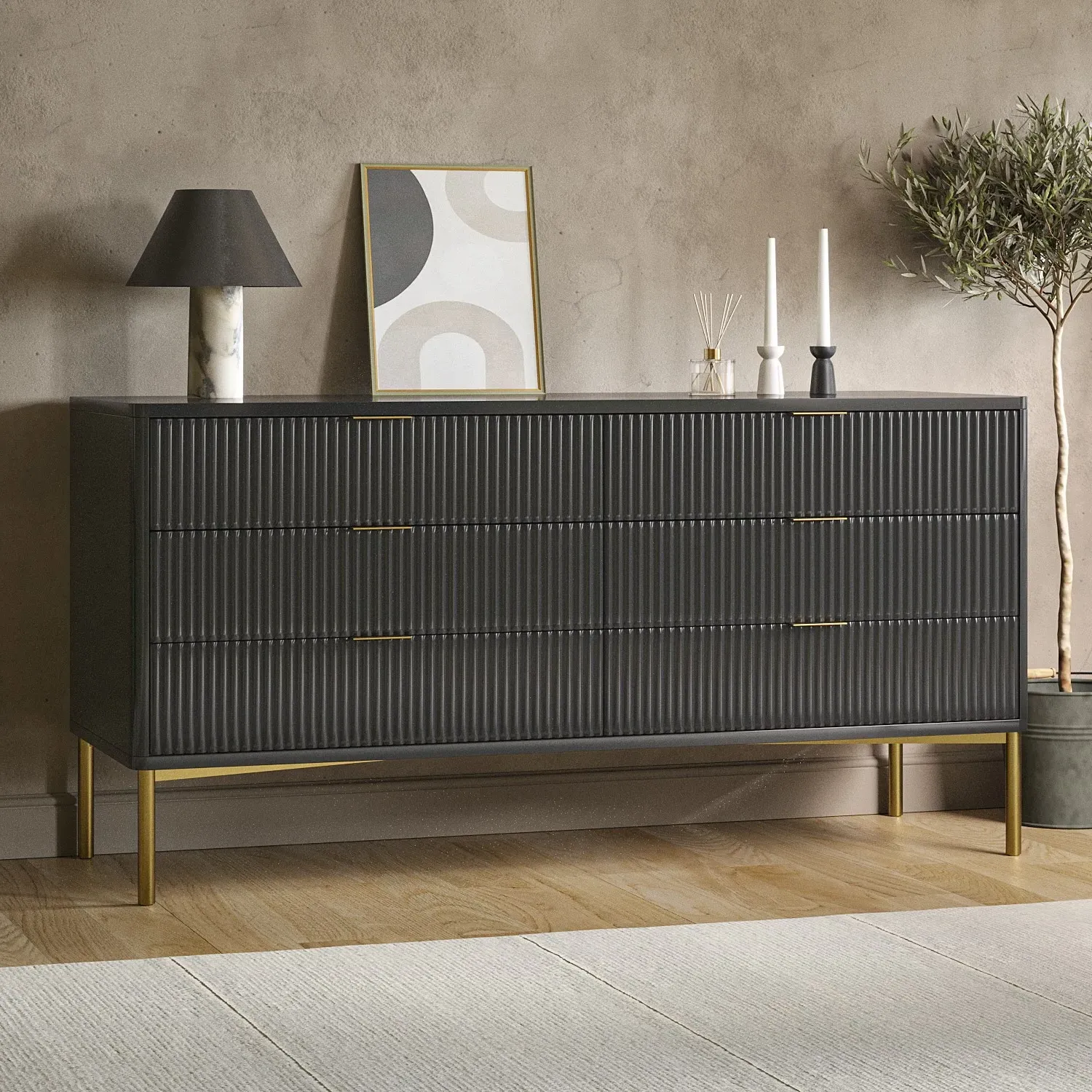 Wide Chest 6 Drawers with Gold Legs - Grey, MDF image