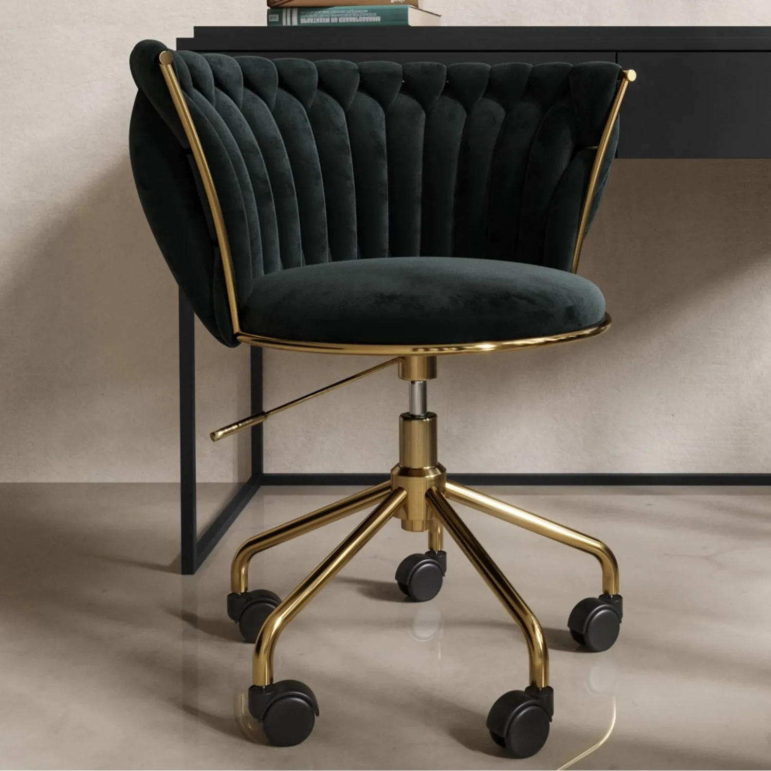 Swivel Office Chair with Knotted Back - Black, Velvet image