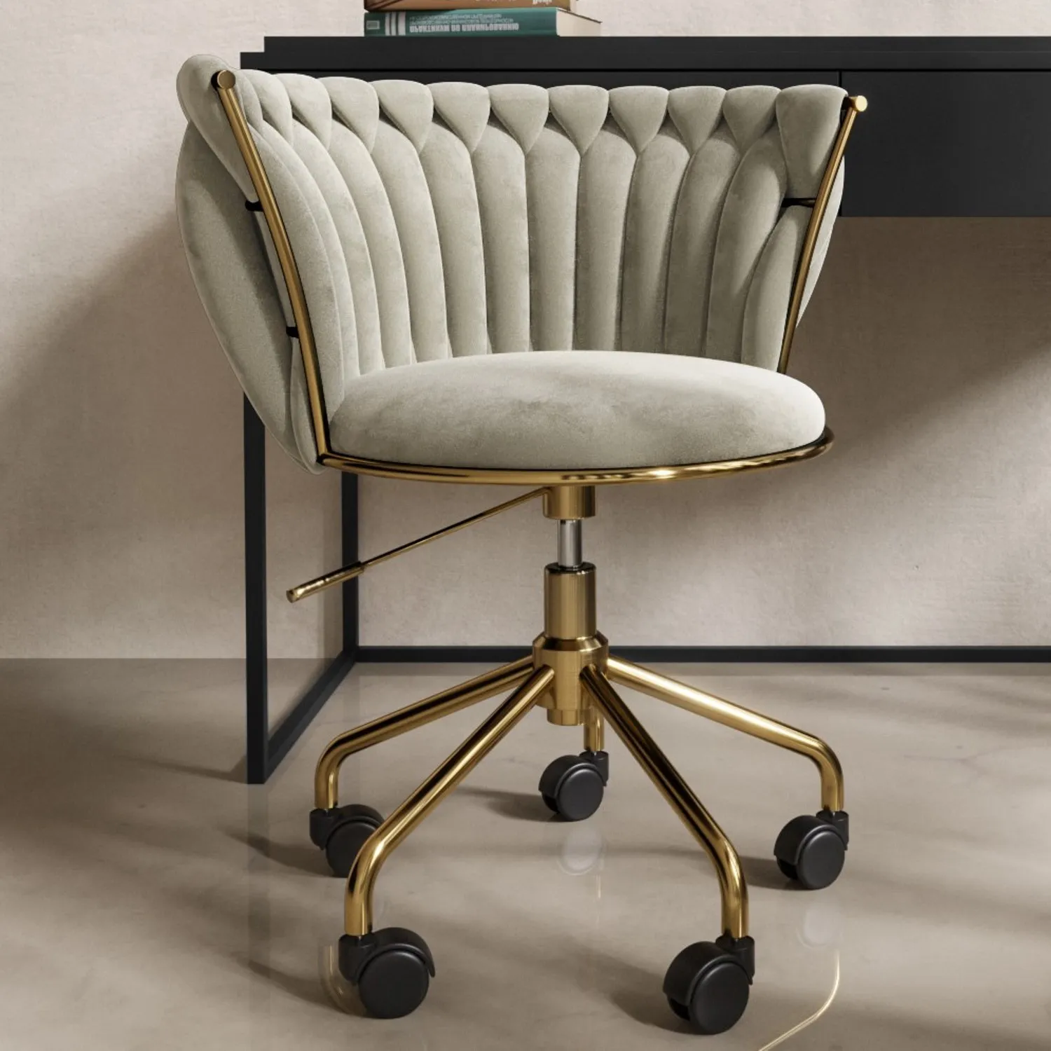 Swivel Office Chair with Knotted Back - Cream, Velvet image