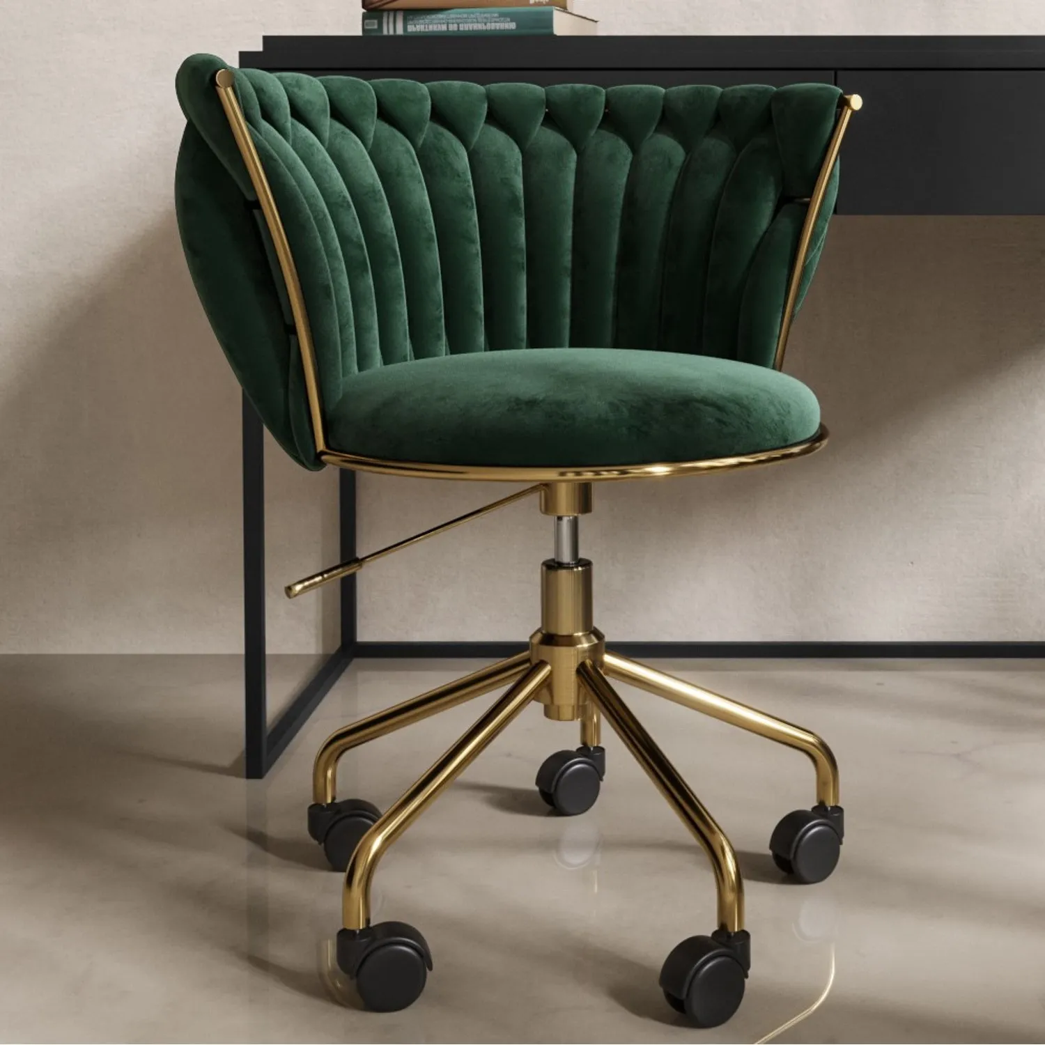 Swivel Office Chair with Knotted Back - Green, Velvet image