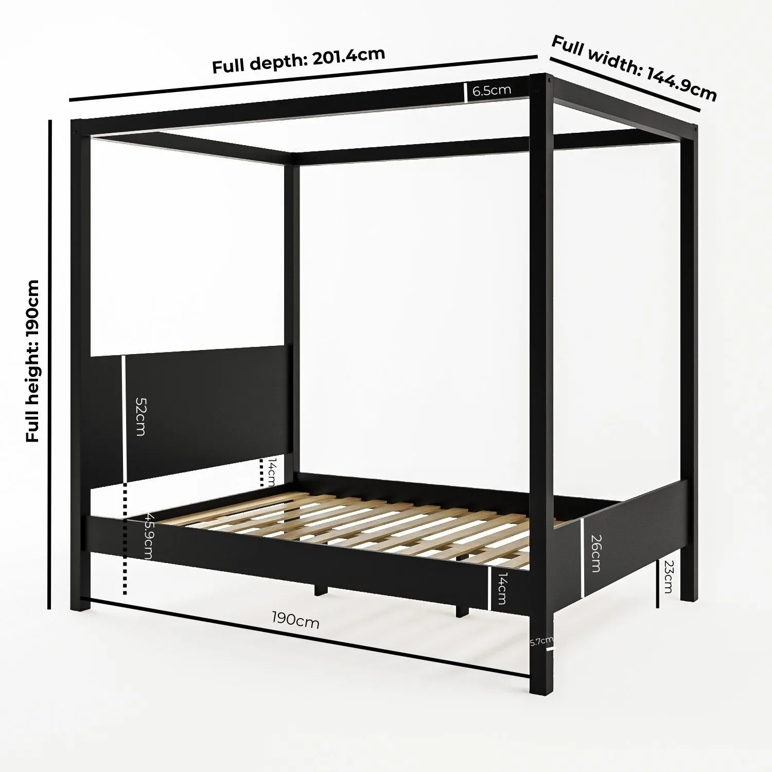 Double Four Poster Bed Frame - Black, Pine