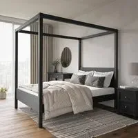 Double Four Poster Bed Frame - Black, Pine