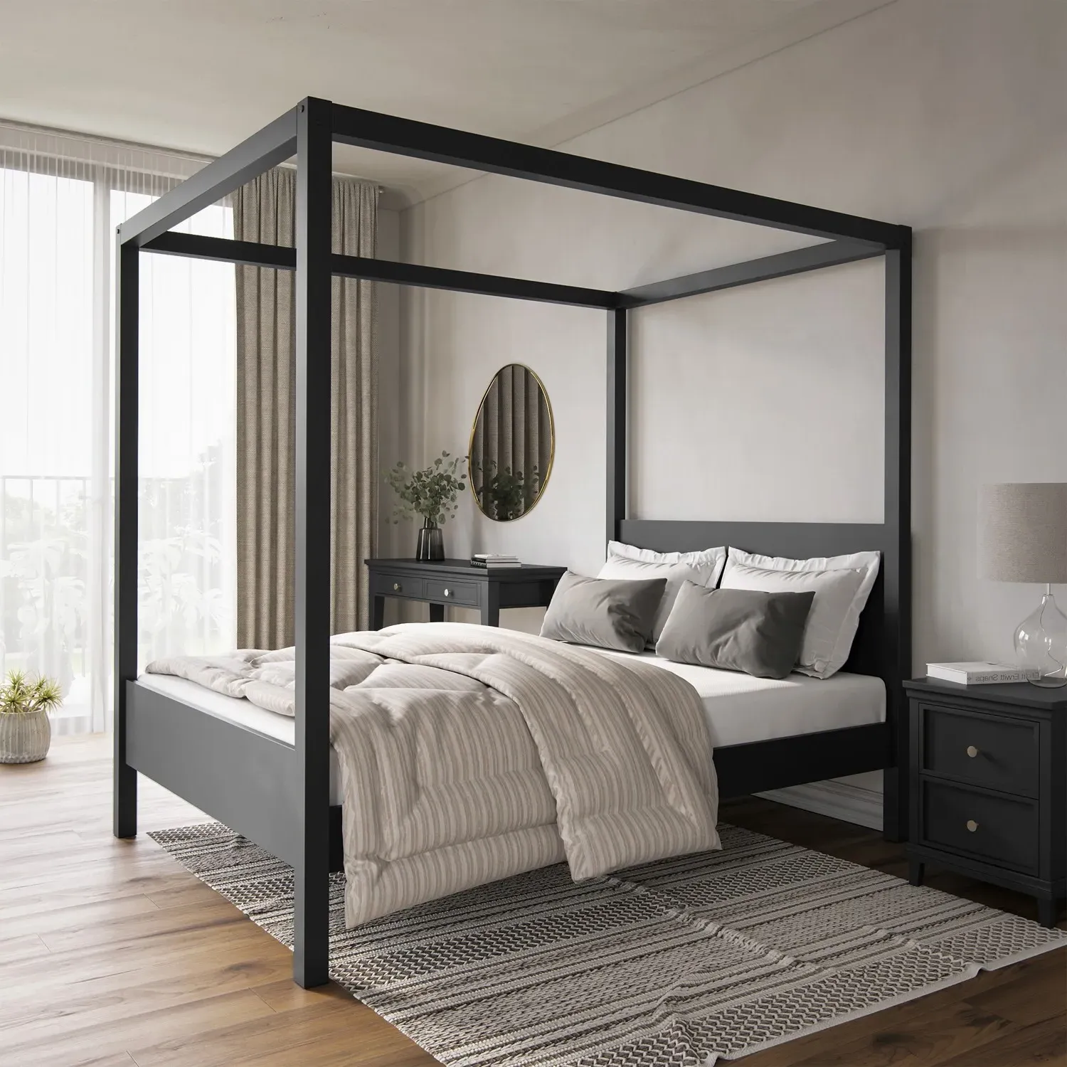 Double Four Poster Bed Frame - Black, Pine image