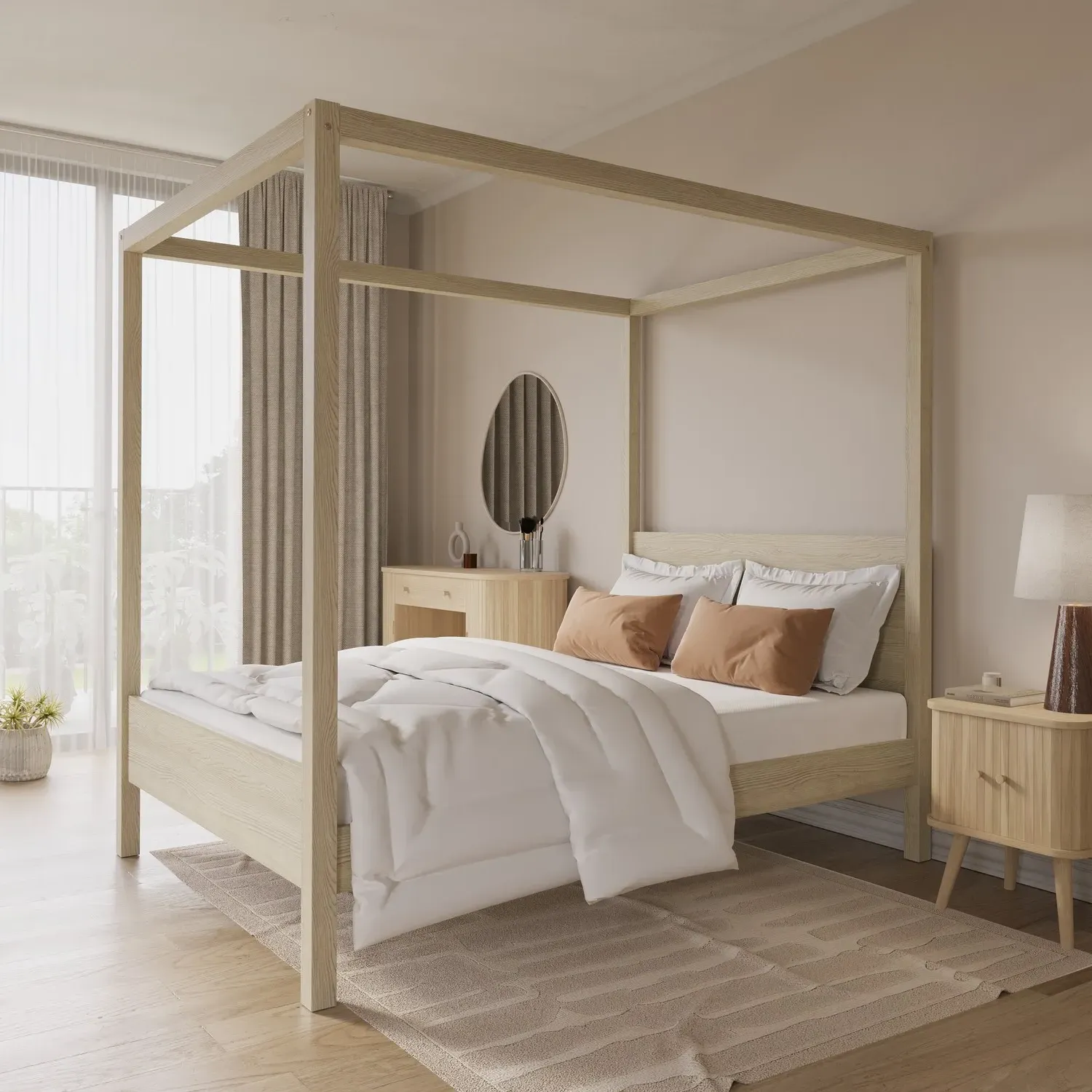 Double Four Poster Bed Frame - Oak, Pine