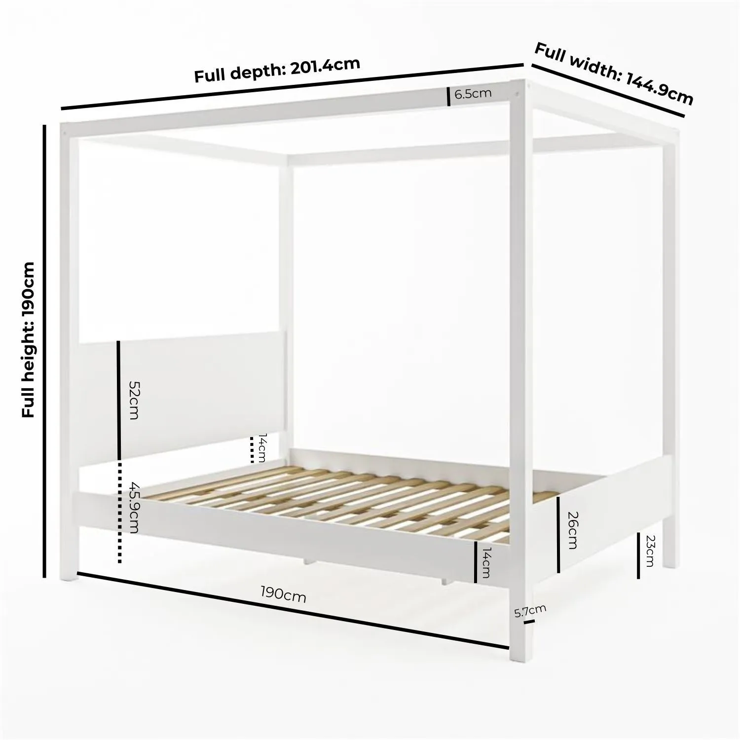 Double Four Poster Bed Frame - White, Pine