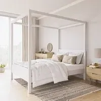 Double Four Poster Bed Frame - White, Pine