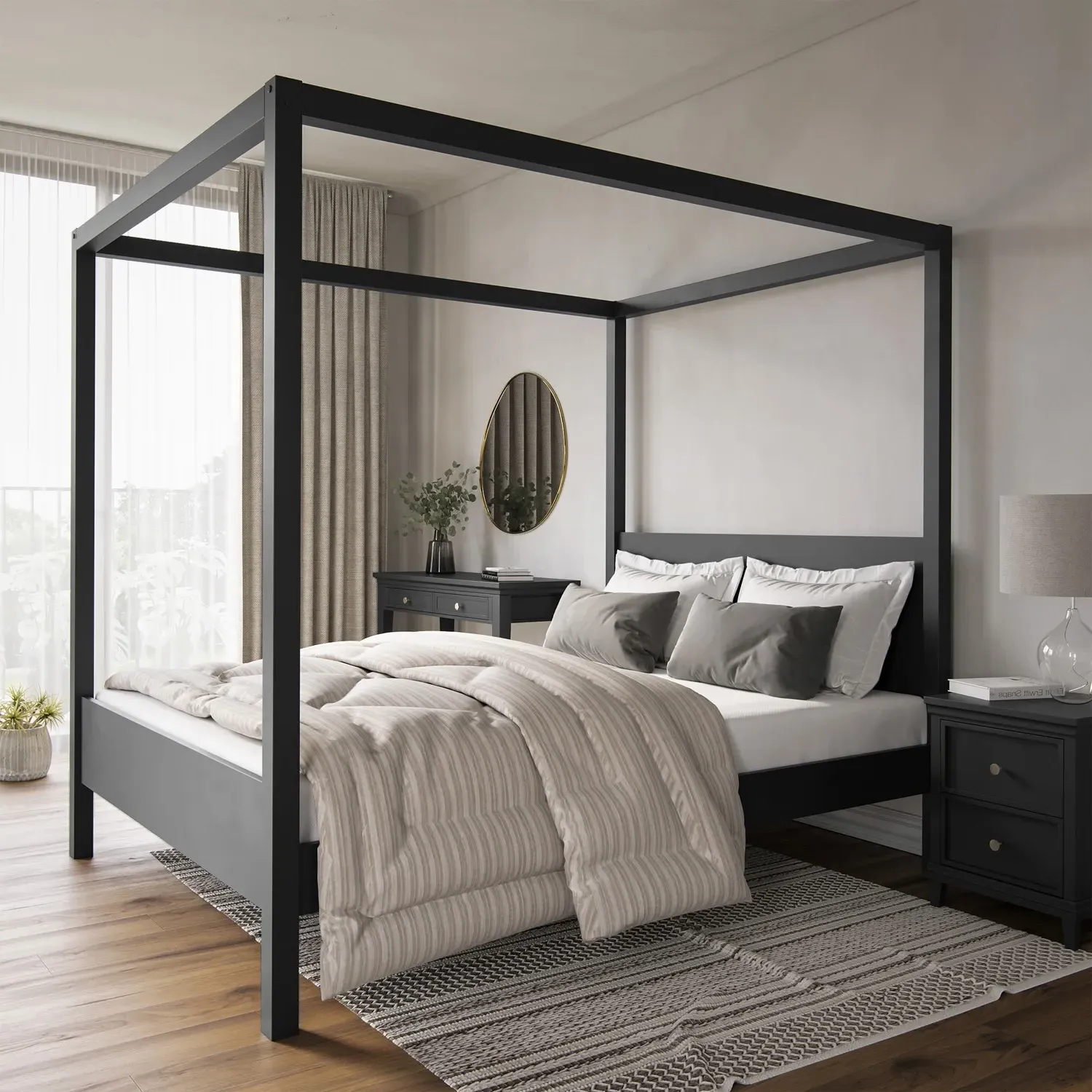 King Size Four Poster Bed Frame - Black, Pine image