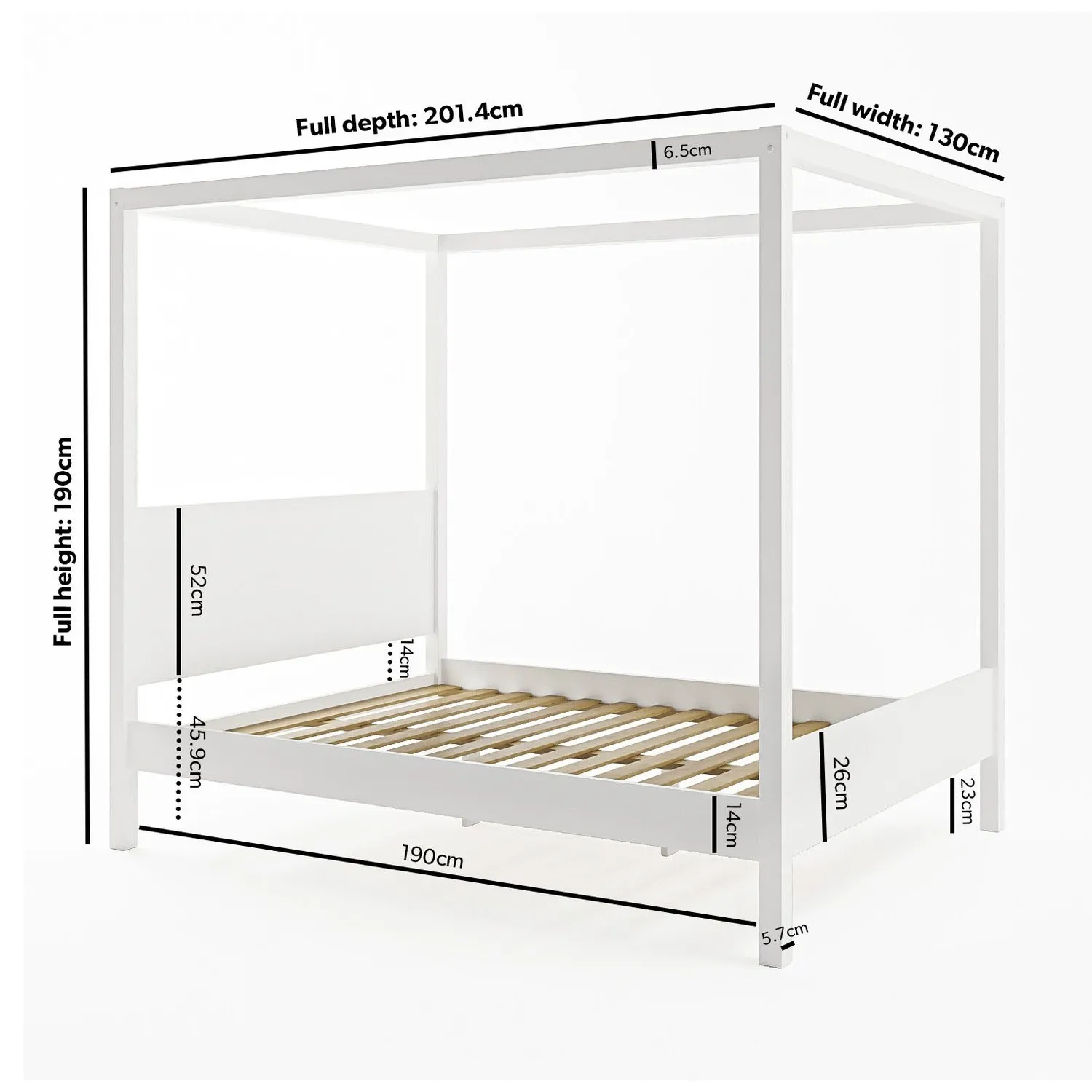 Small Double Four Poster Bed Frame - White, Pine