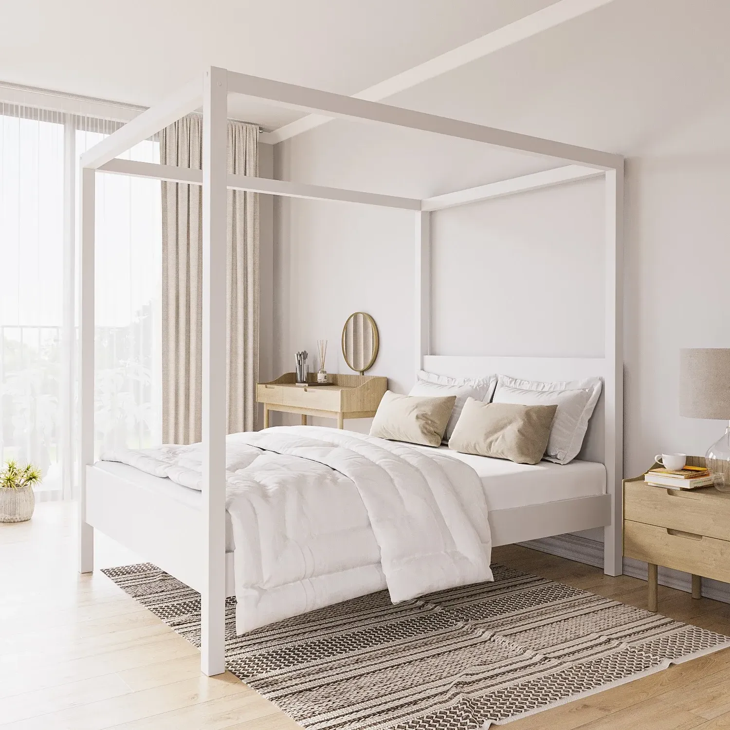 Small Double Four Poster Bed Frame - White, Pine image