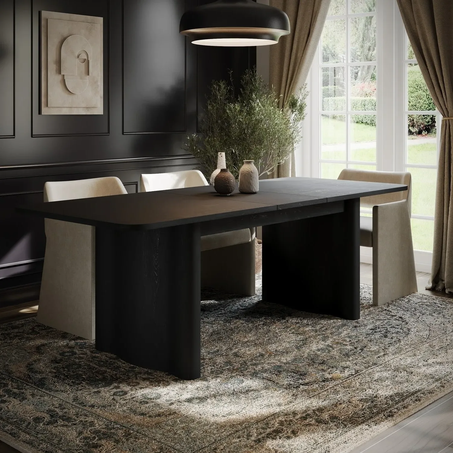 Extendable Dining Table with Wave Legs - Black, Oak image