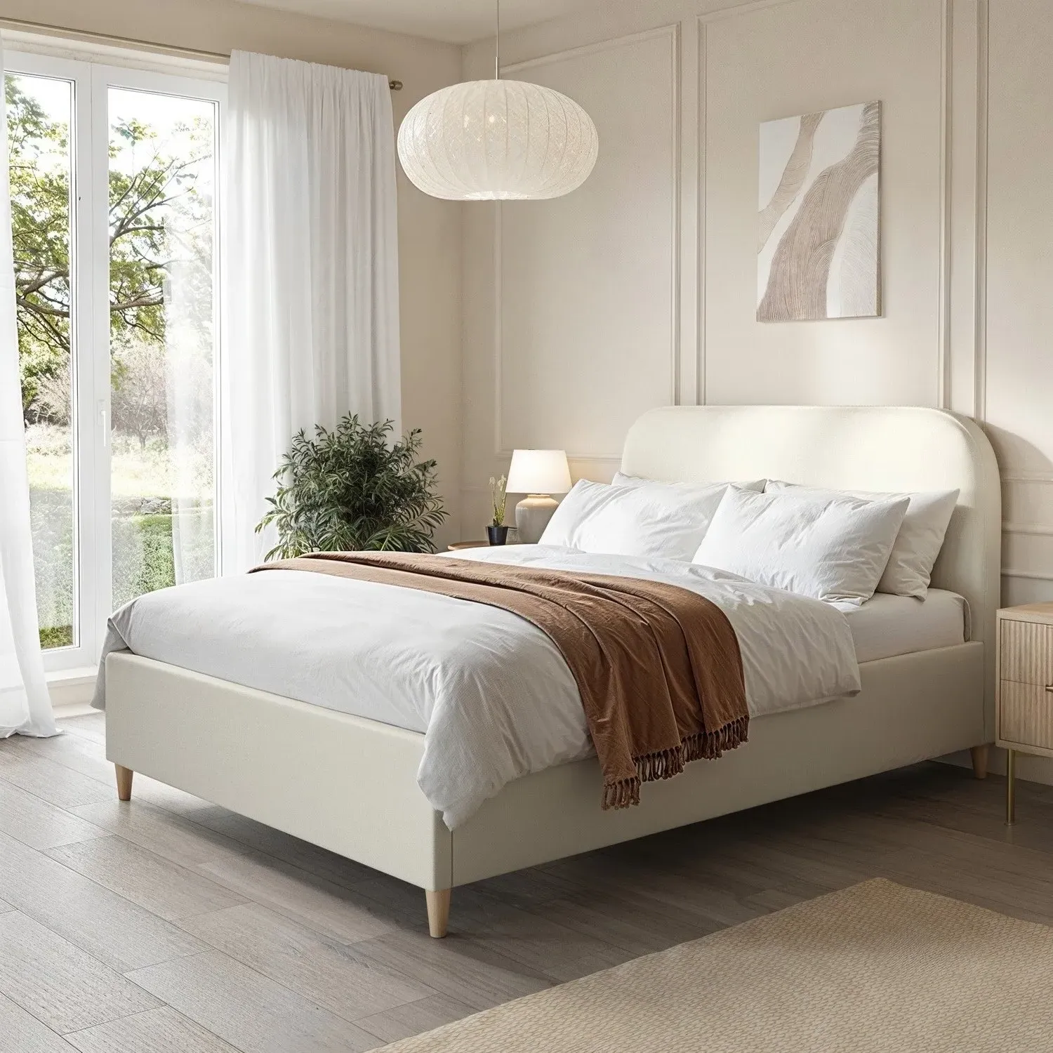 Double Bed Frame with Curved Headboard - Cream, Fabric
