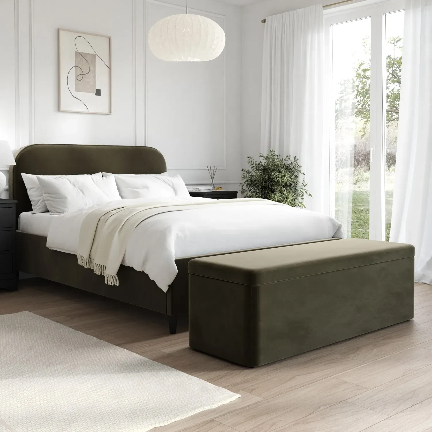 Double Bed Frame with Curved Headboard - Green, Velvet