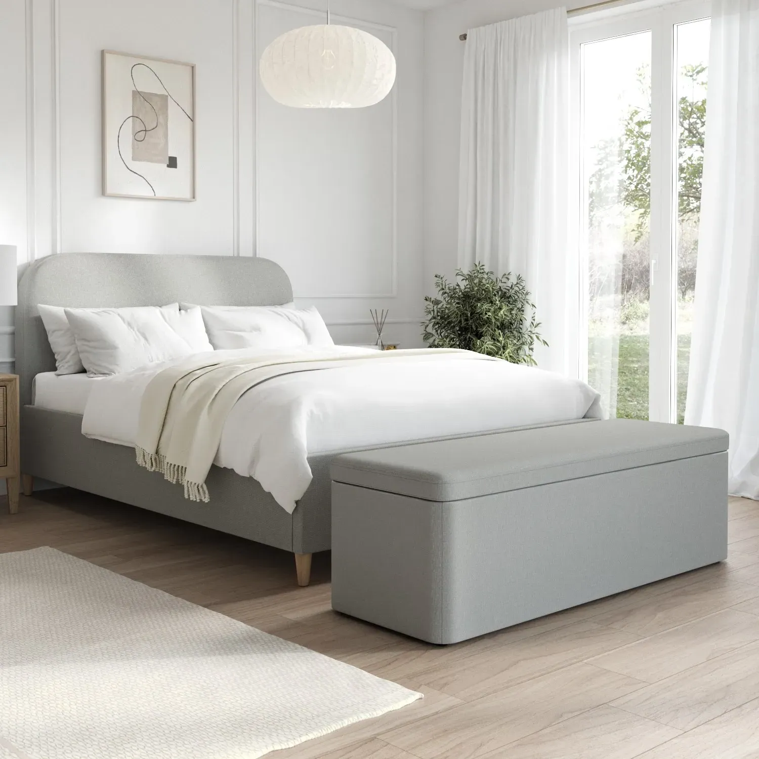 Double Bed Frame with Curved Headboard - Grey, Fabric