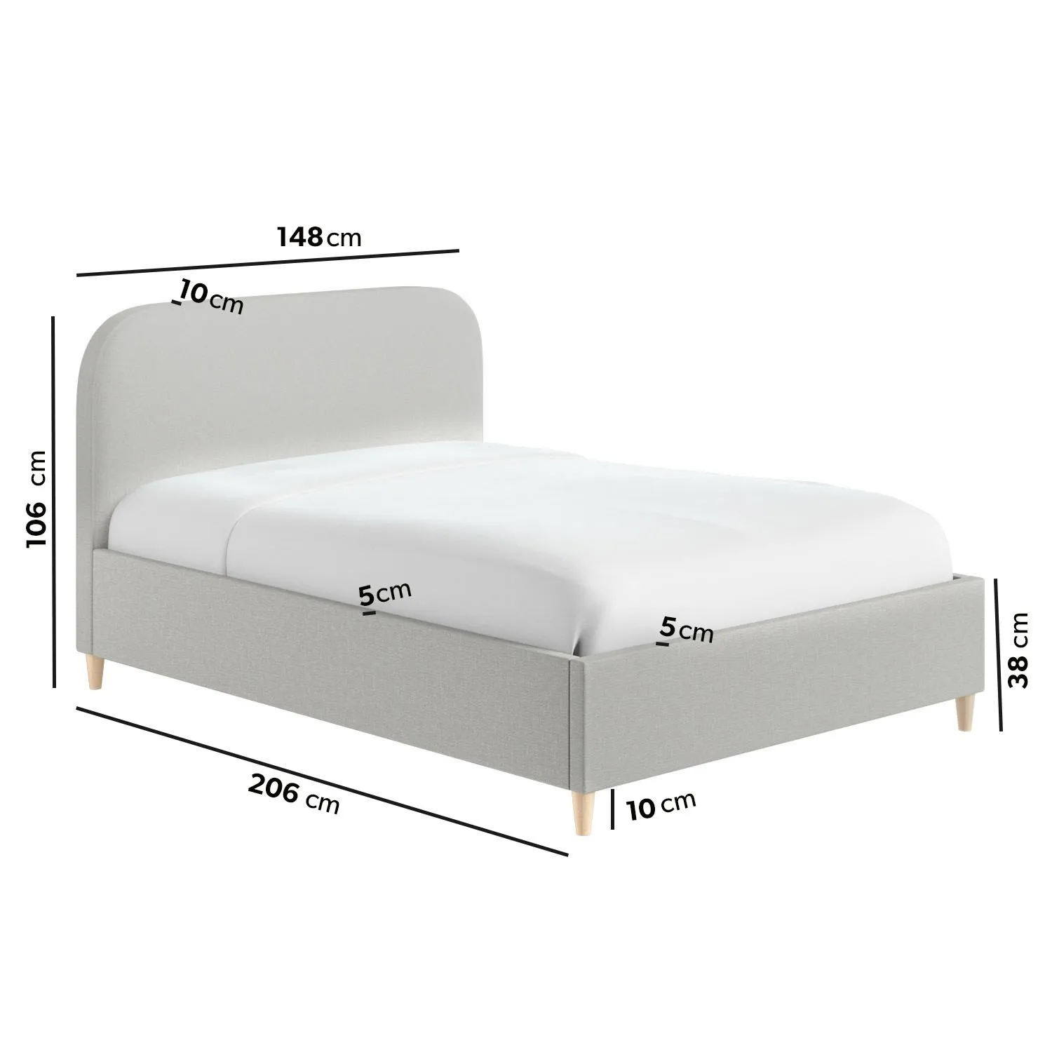 Double Bed Frame with Curved Headboard - Grey, Fabric