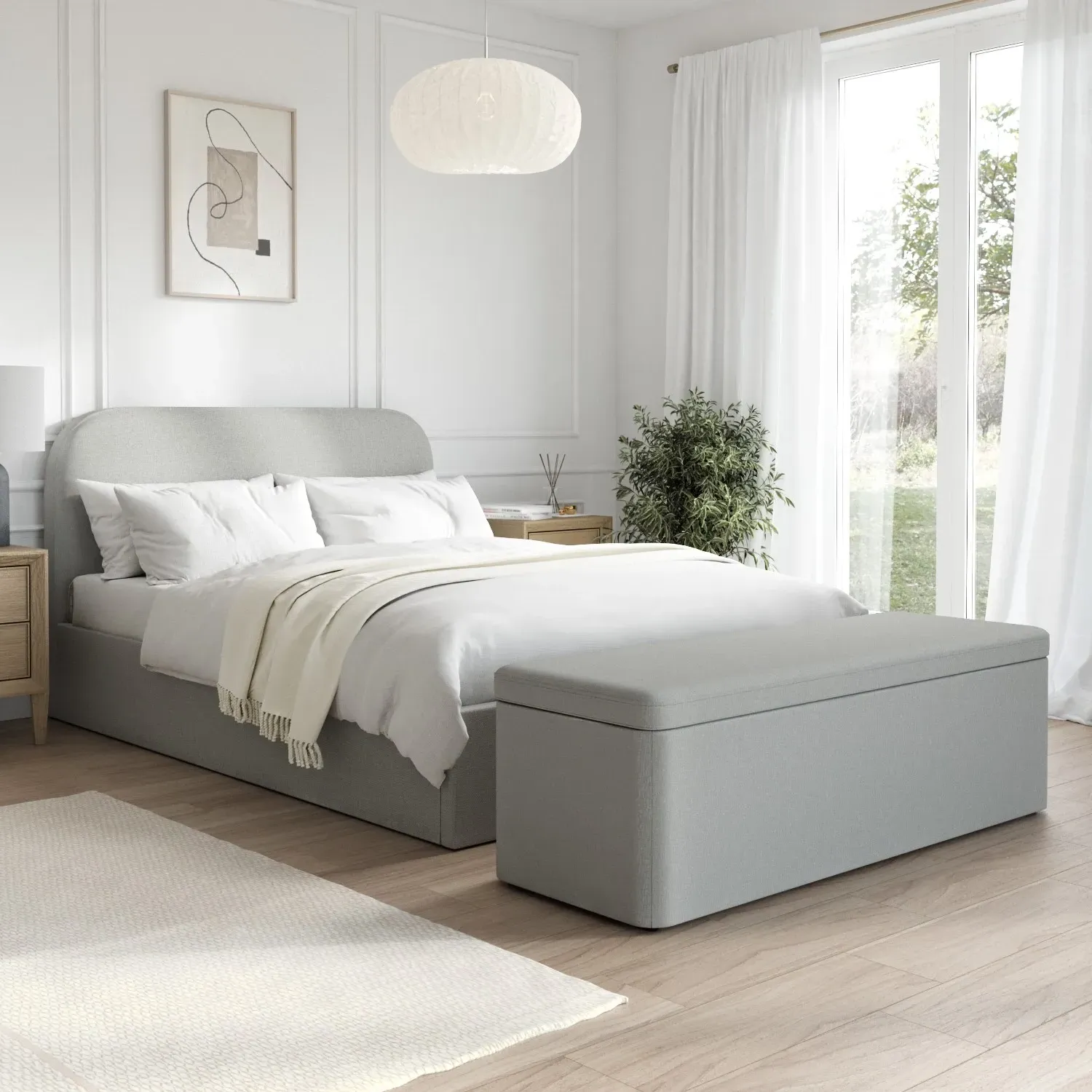 Double Ottoman Bed with Curved Headboard - Grey, Fabric