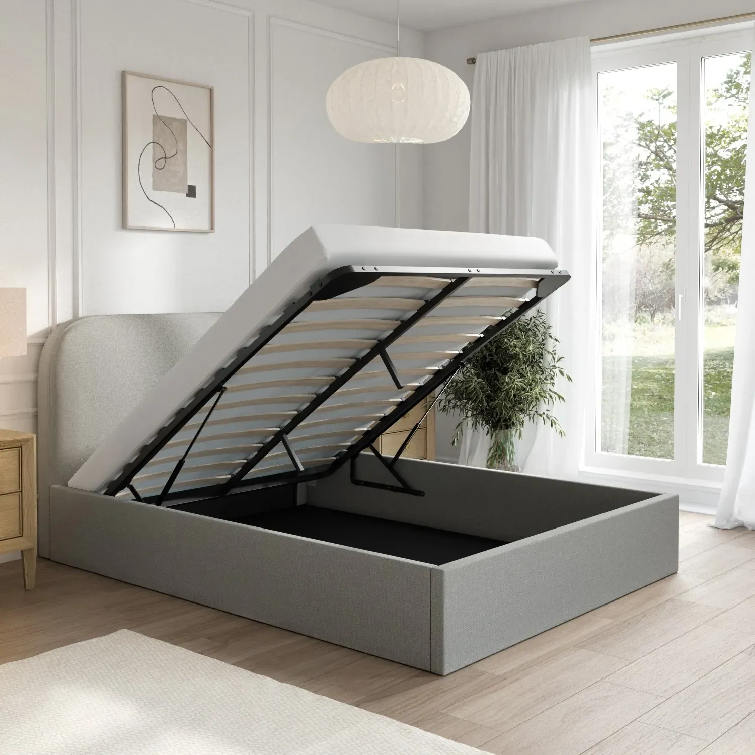 Double Ottoman Bed with Curved Headboard - Grey, Fabric