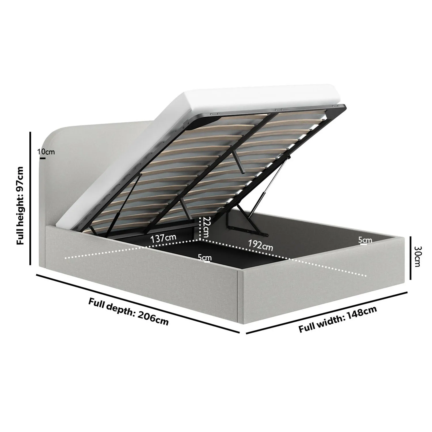 Double Ottoman Bed with Curved Headboard - Grey, Fabric