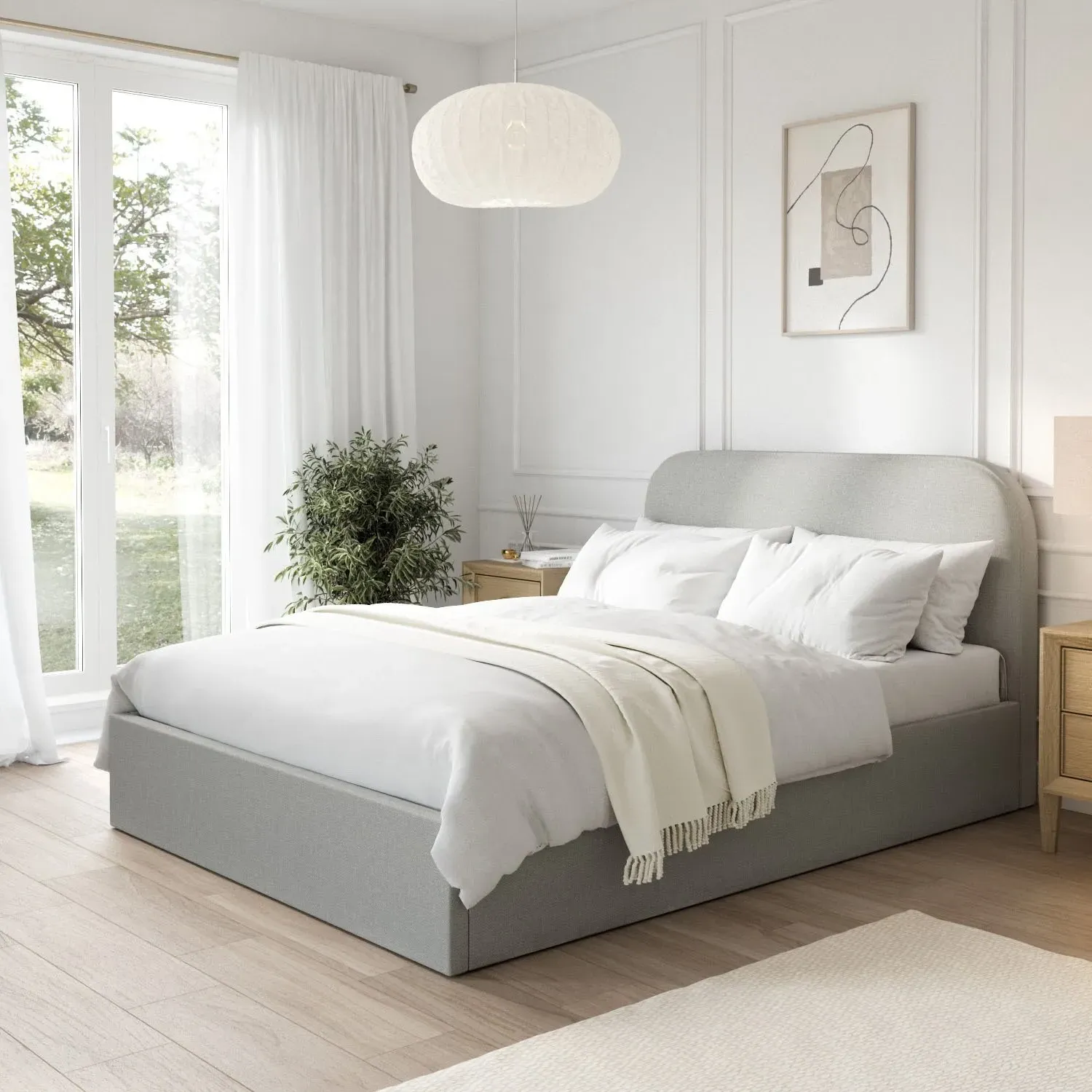 Double Ottoman Bed with Curved Headboard - Grey, Fabric image