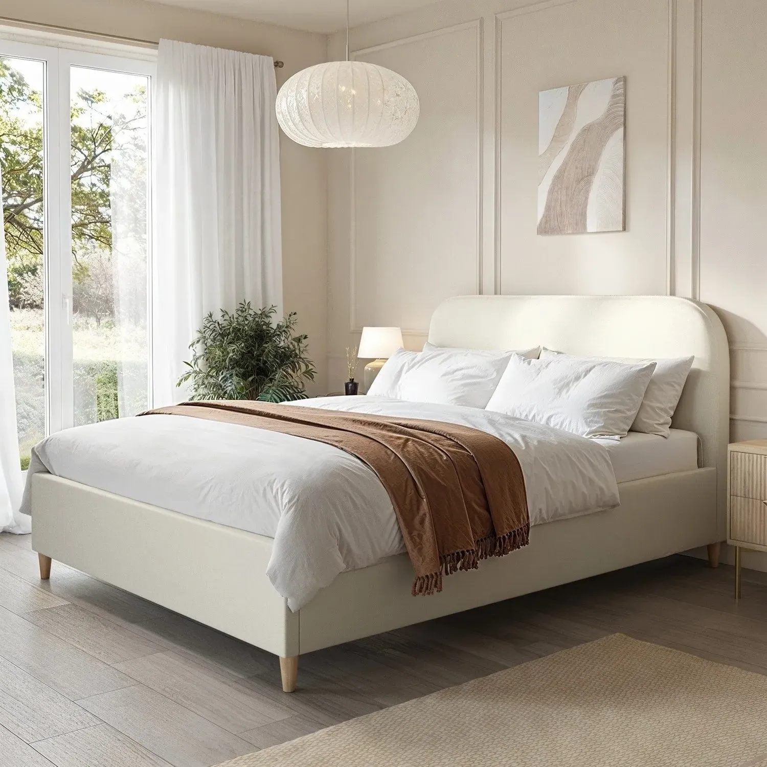 King Size Bed Frame with Curved Headboard - Cream, Fabric