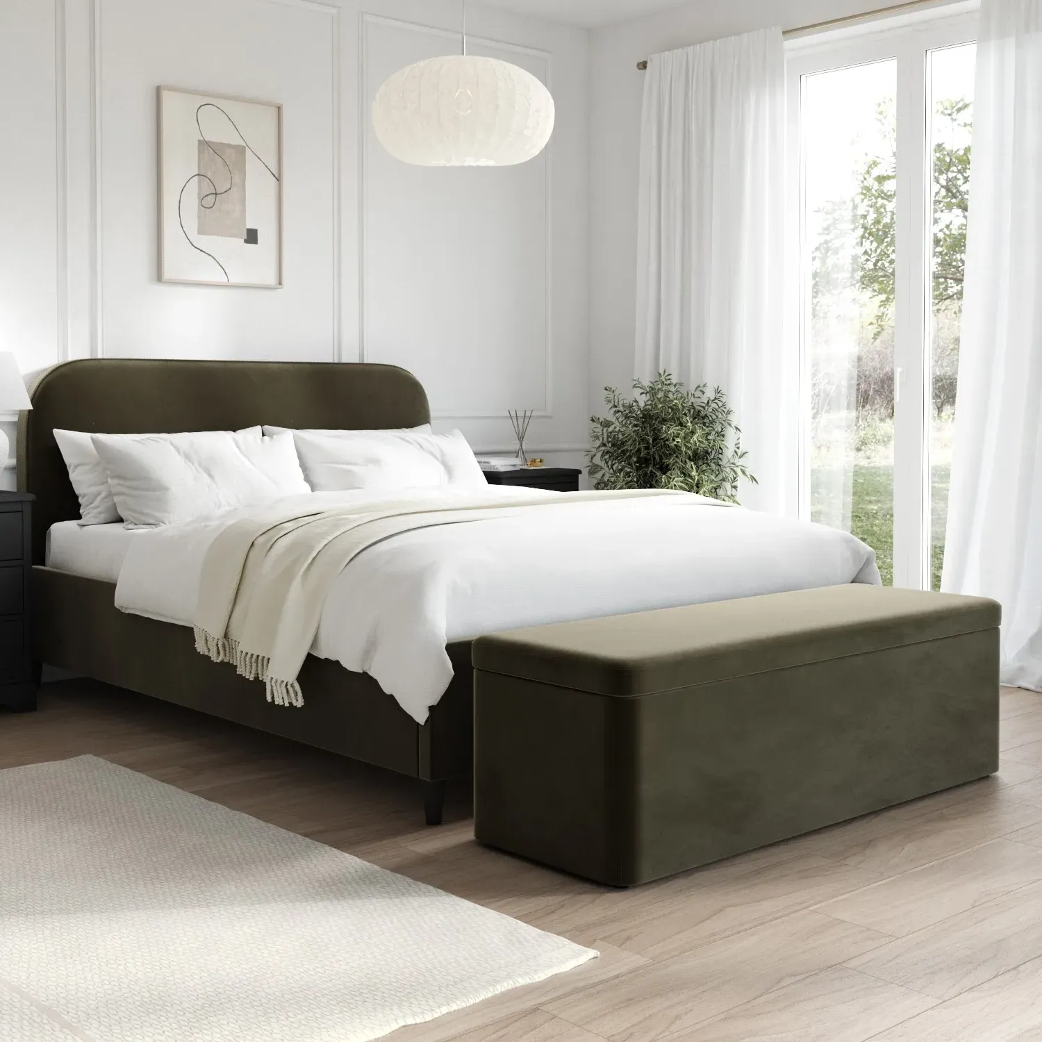 King Size Bed Frame with Curved Headboard - Green, Velvet