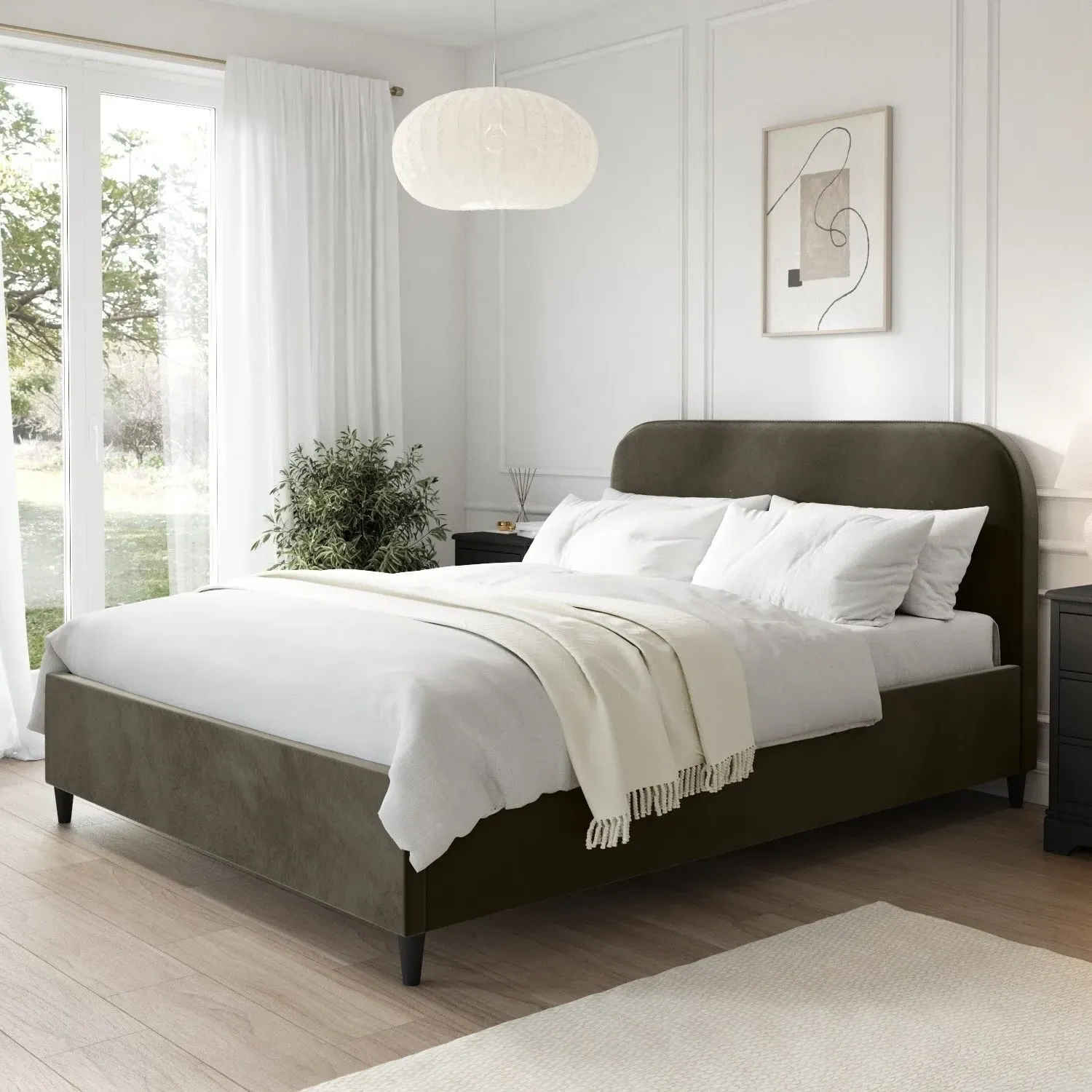King Size Bed Frame with Curved Headboard - Green, Velvet image