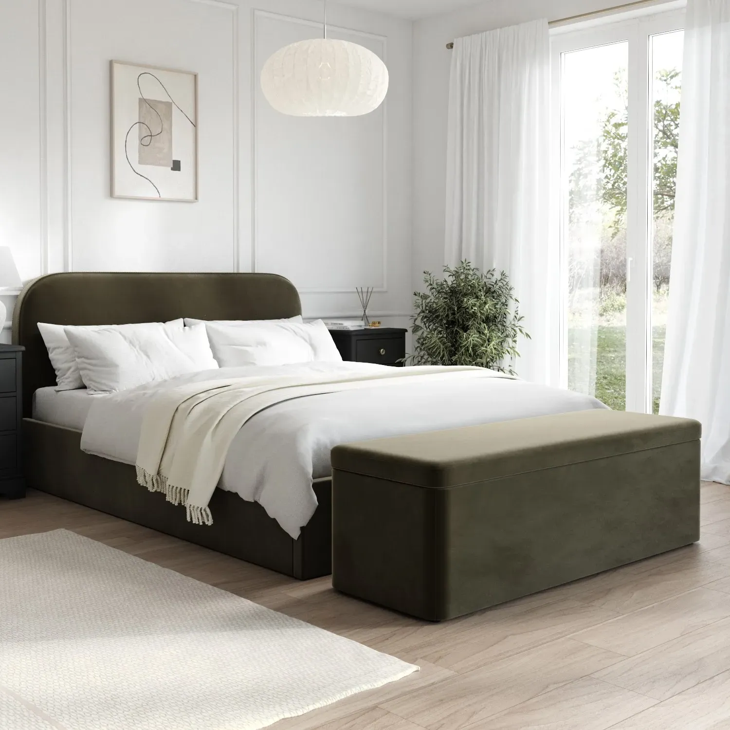 King Size Ottoman Bed with Storage - Green, Velvet