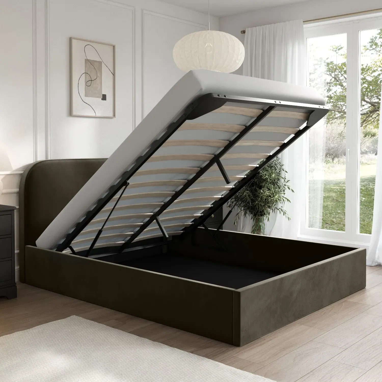King Size Ottoman Bed with Storage - Green, Velvet