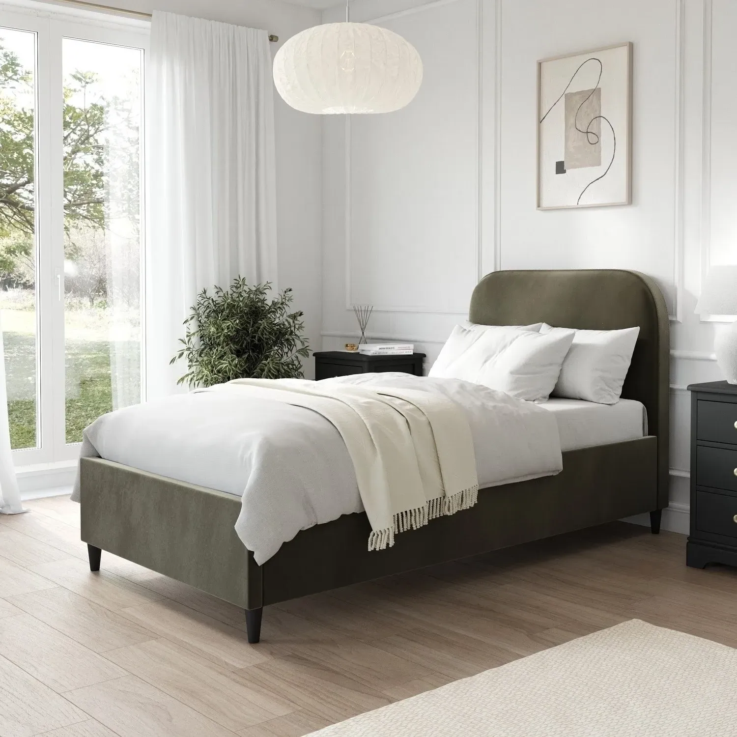 Single Bed Frame with Curved Headboard - Green, Velvet image