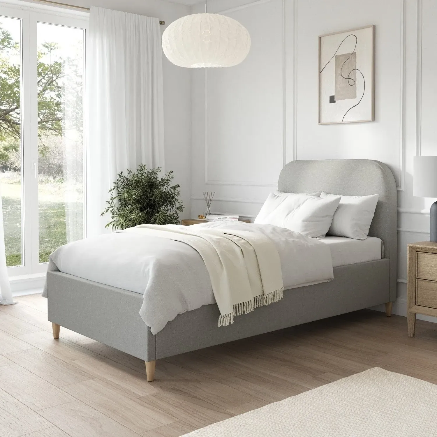 Single Bed Frame with Curved Headboard - Grey, Fabric