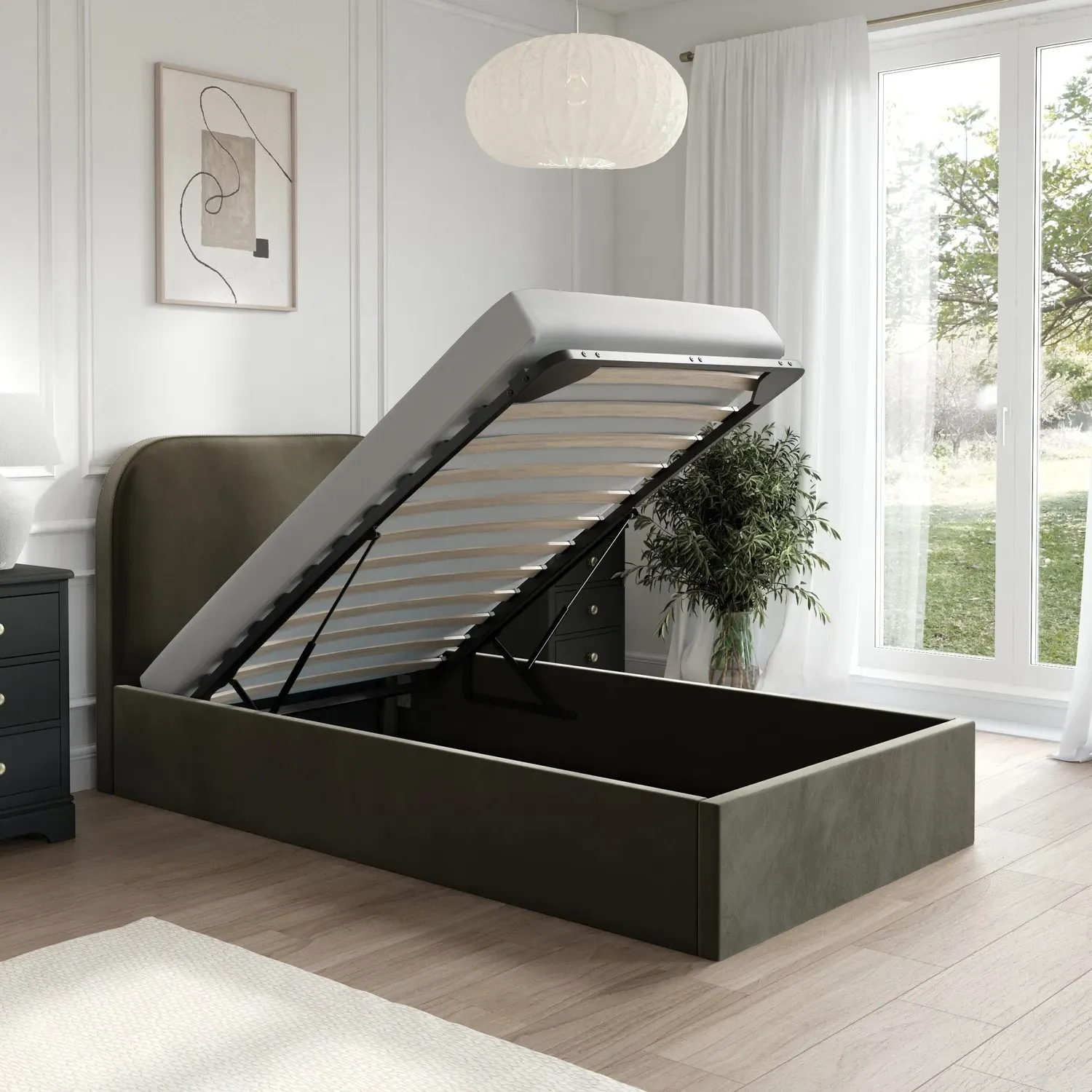 Single Ottoman Bed with Curved Headboard - Green, Velvet