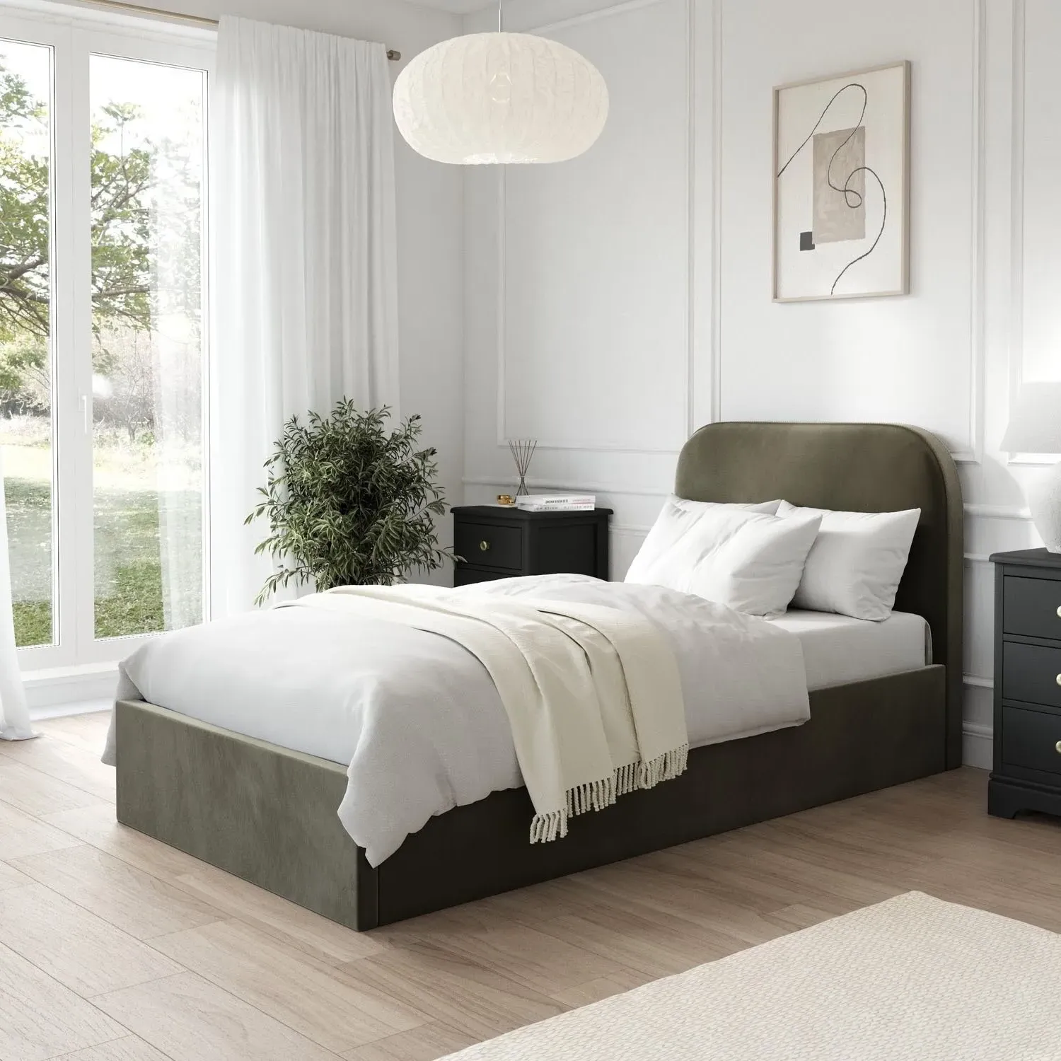 Single Ottoman Bed with Curved Headboard - Green, Velvet