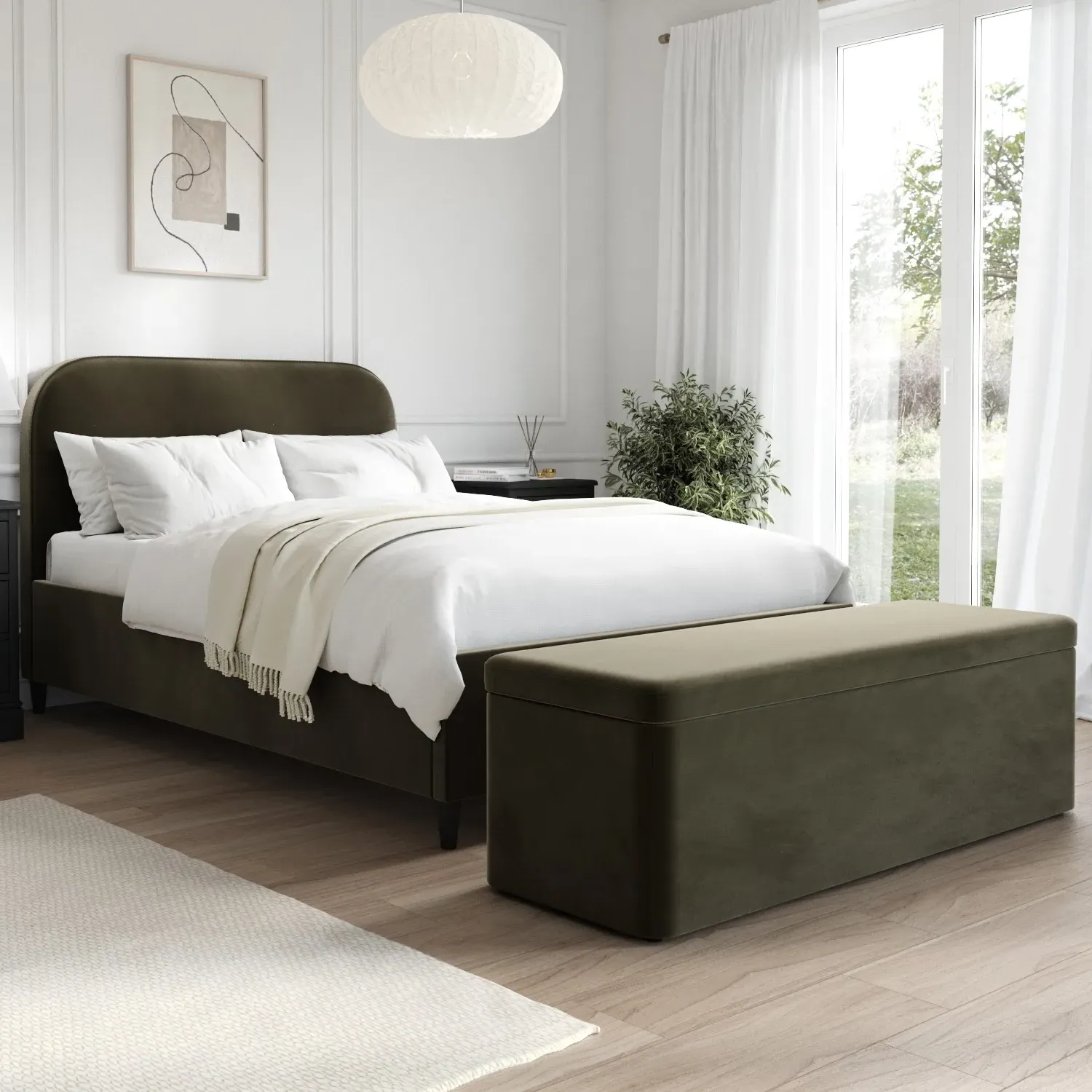 Small Double Bed Frame - Khaki Green, Velvet