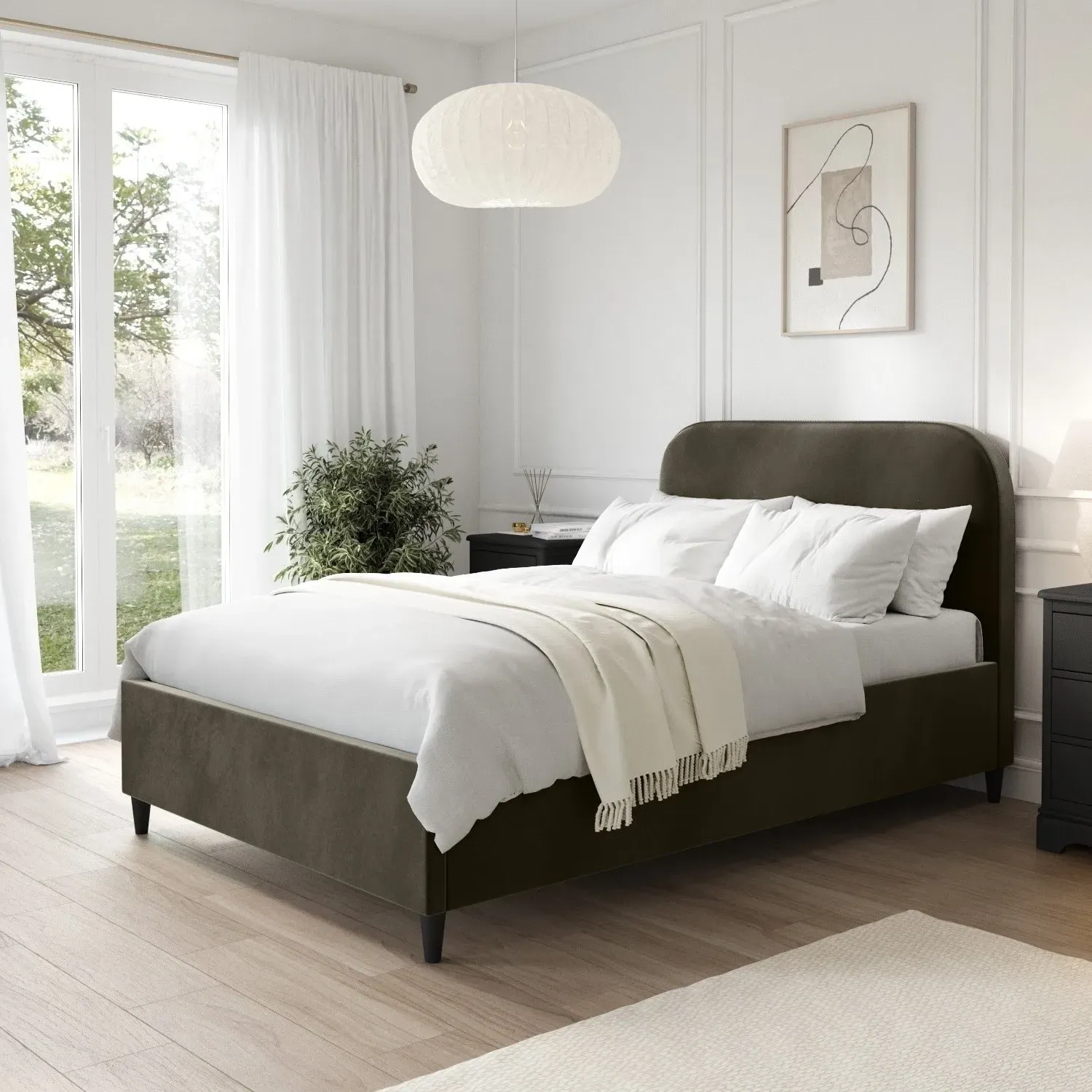 Small Double Bed Frame - Khaki Green, Velvet image