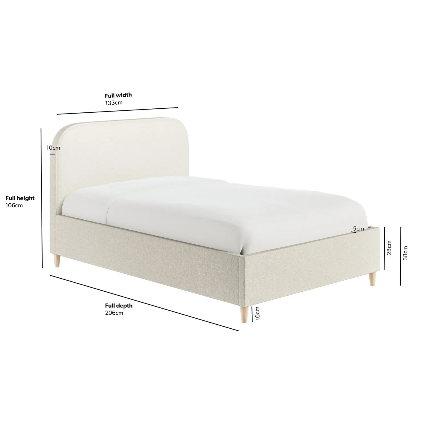 Small Double Bed with Curved Headboard - Cream, Fabric