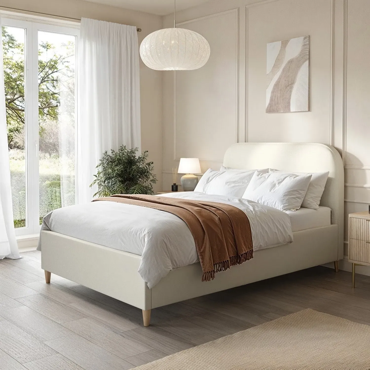 Small Double Bed with Curved Headboard - Cream, Fabric