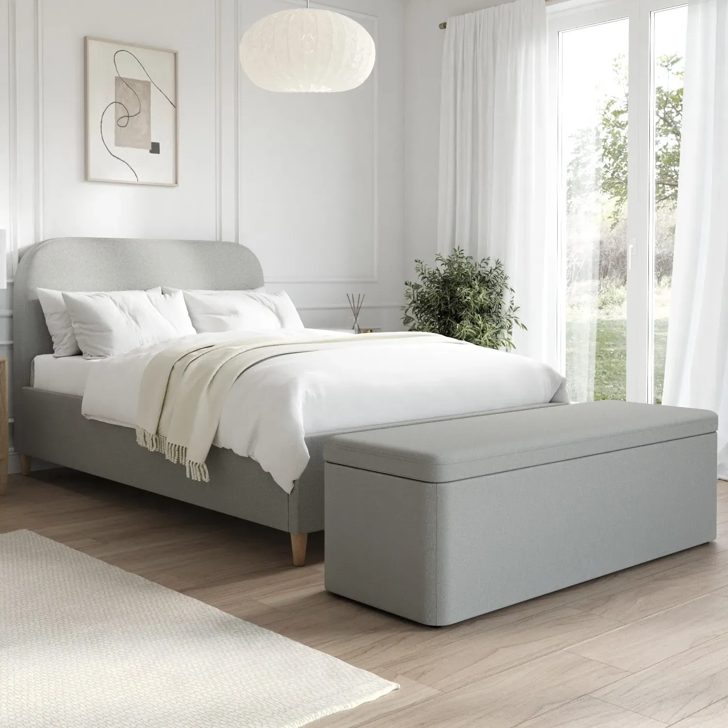 Small Double Bed with Curved Headboard - Grey, Fabric