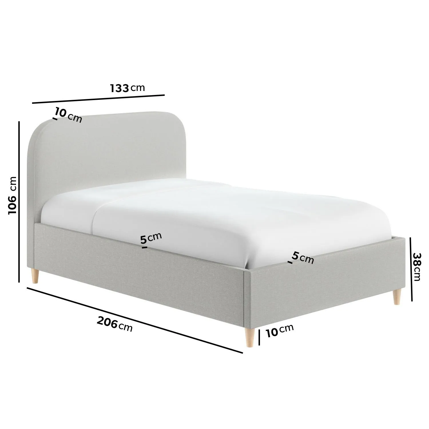 Small Double Bed with Curved Headboard - Grey, Fabric