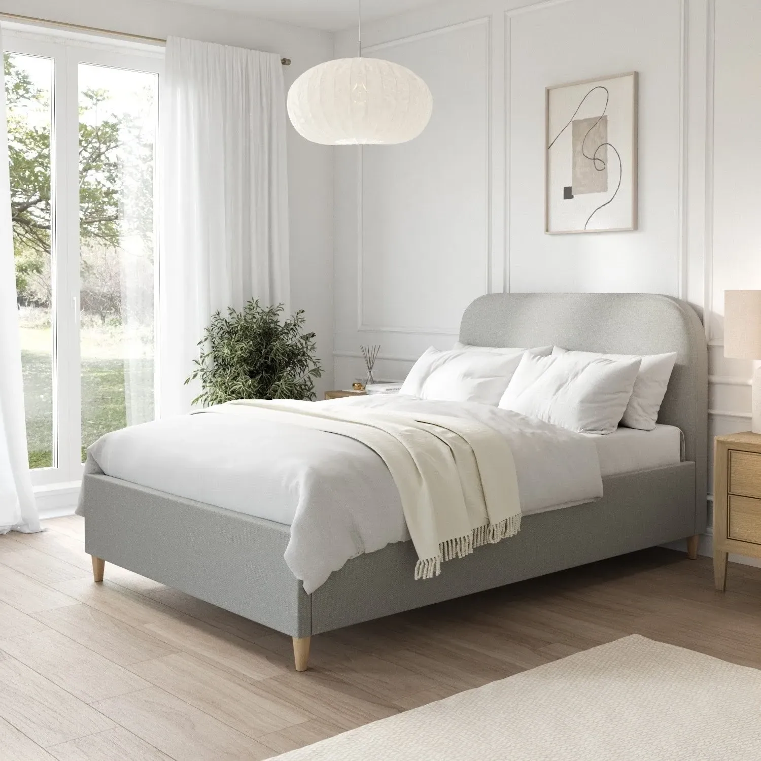 Small Double Bed with Curved Headboard - Grey, Fabric
