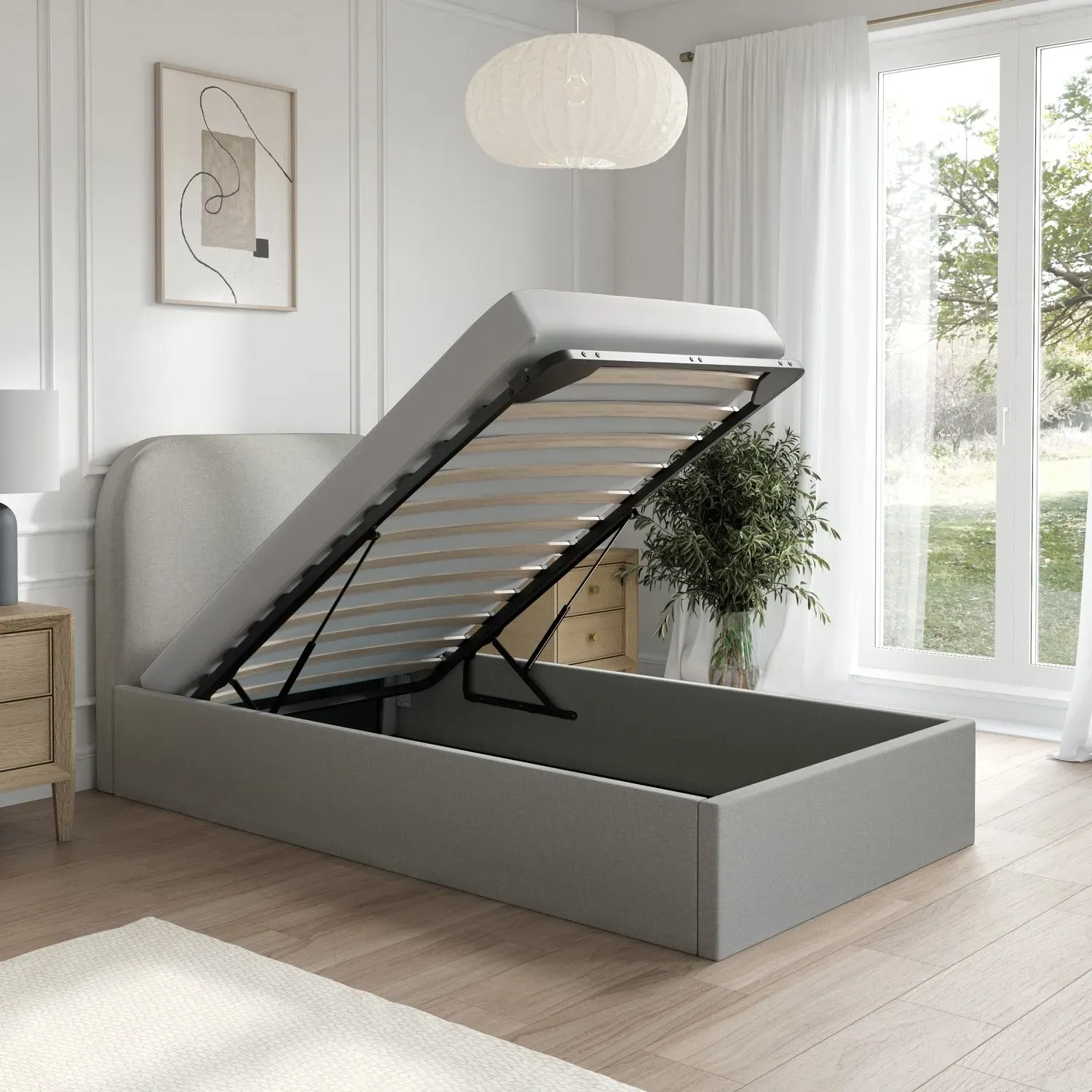 Small Double Ottoman Bed with Curved Headboard - Grey, Fabric
