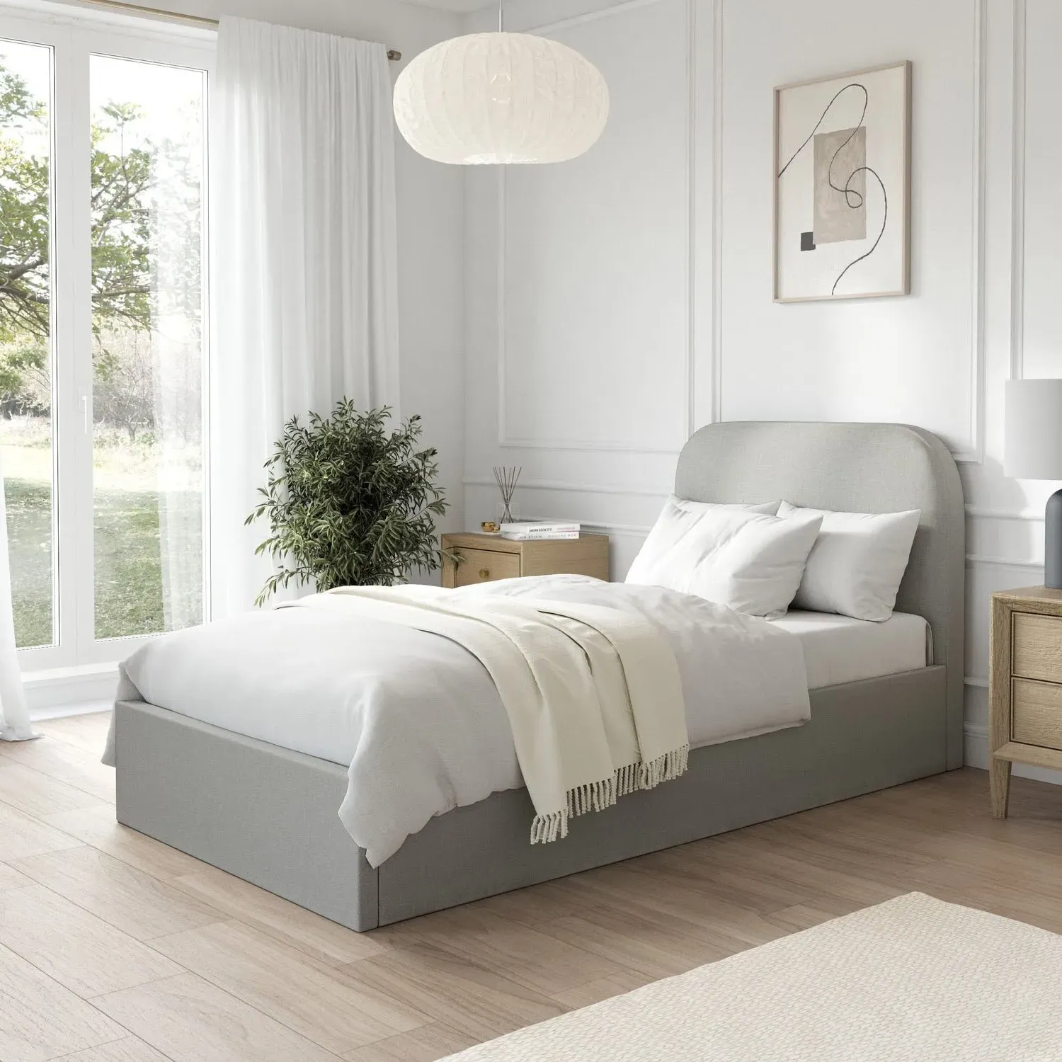 Small Double Ottoman Bed with Curved Headboard - Grey, Fabric