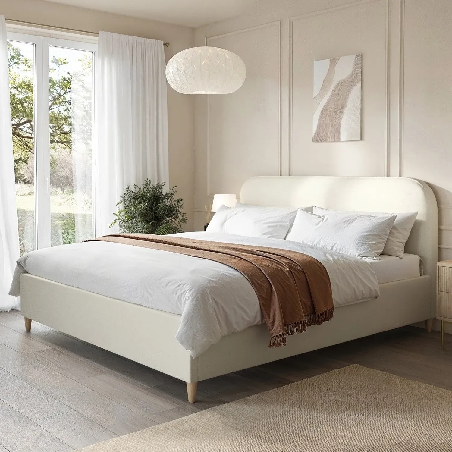 Super King Bed with Curved Headboard - Cream, Fabric image