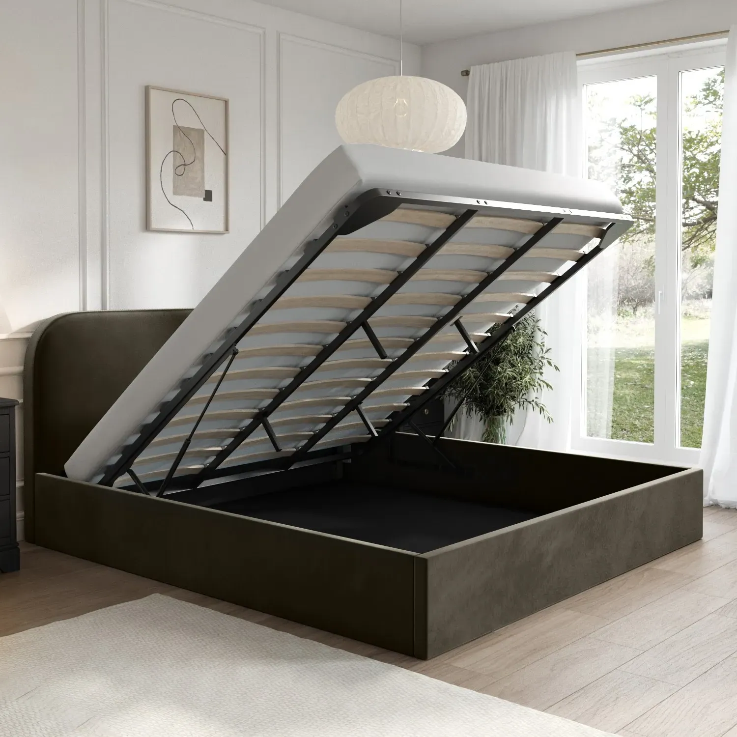 Super King Ottoman Bed with Storage - Green, Velvet