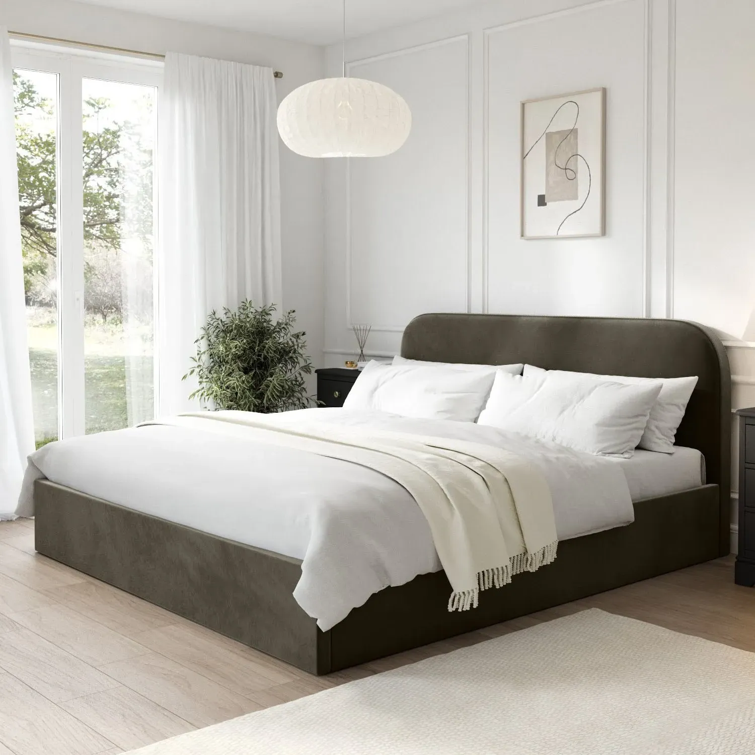Super King Ottoman Bed with Storage - Green, Velvet
