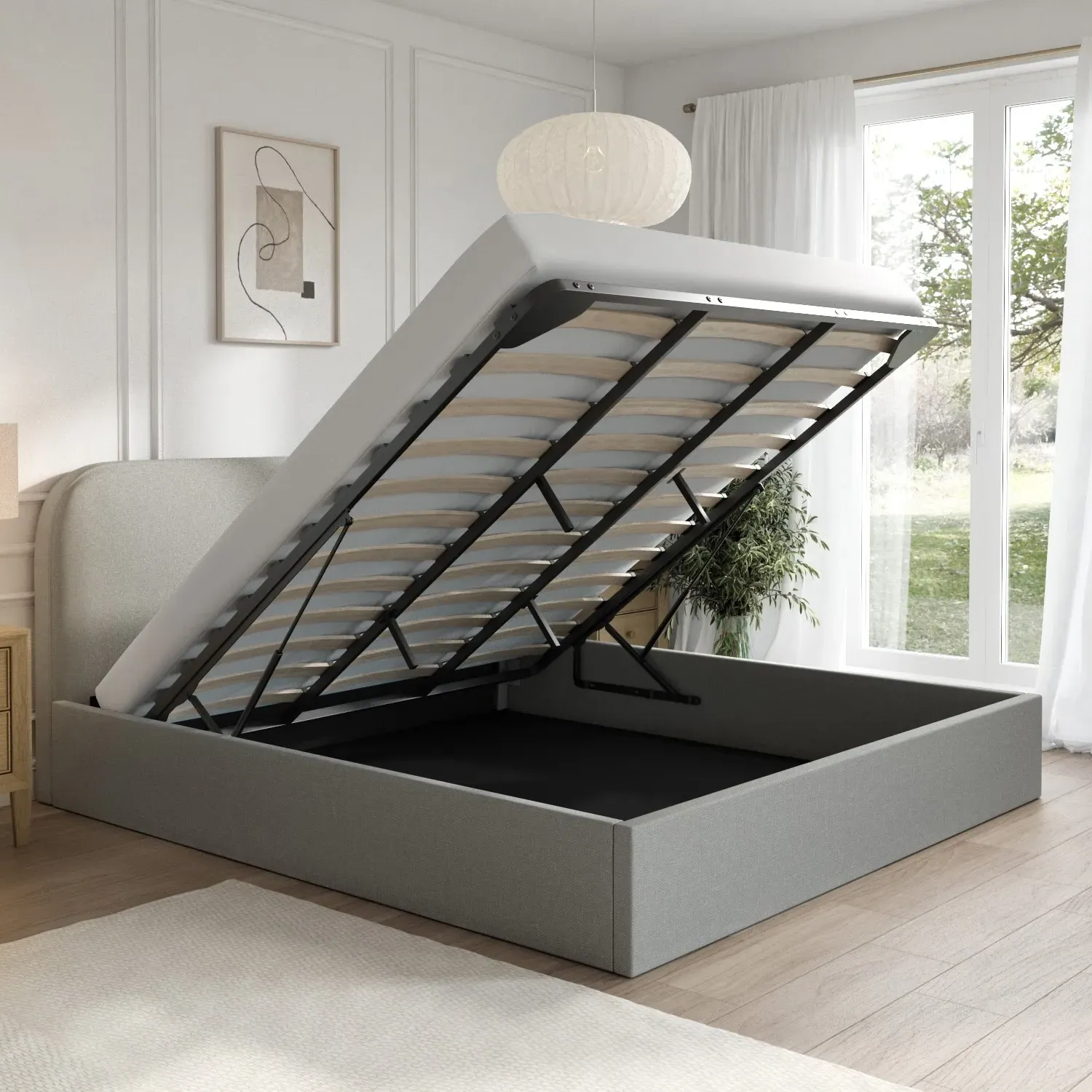 Super King Ottoman Bed with Storage - Grey, Fabric